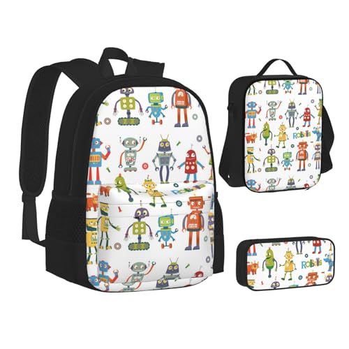 WURTON Süßes Cartoon-Roboter-Druck, Rucksack, Lunchbox-Set, 3-in-1 Schul-Büchertasche und Federmäppchen, passende Kombination