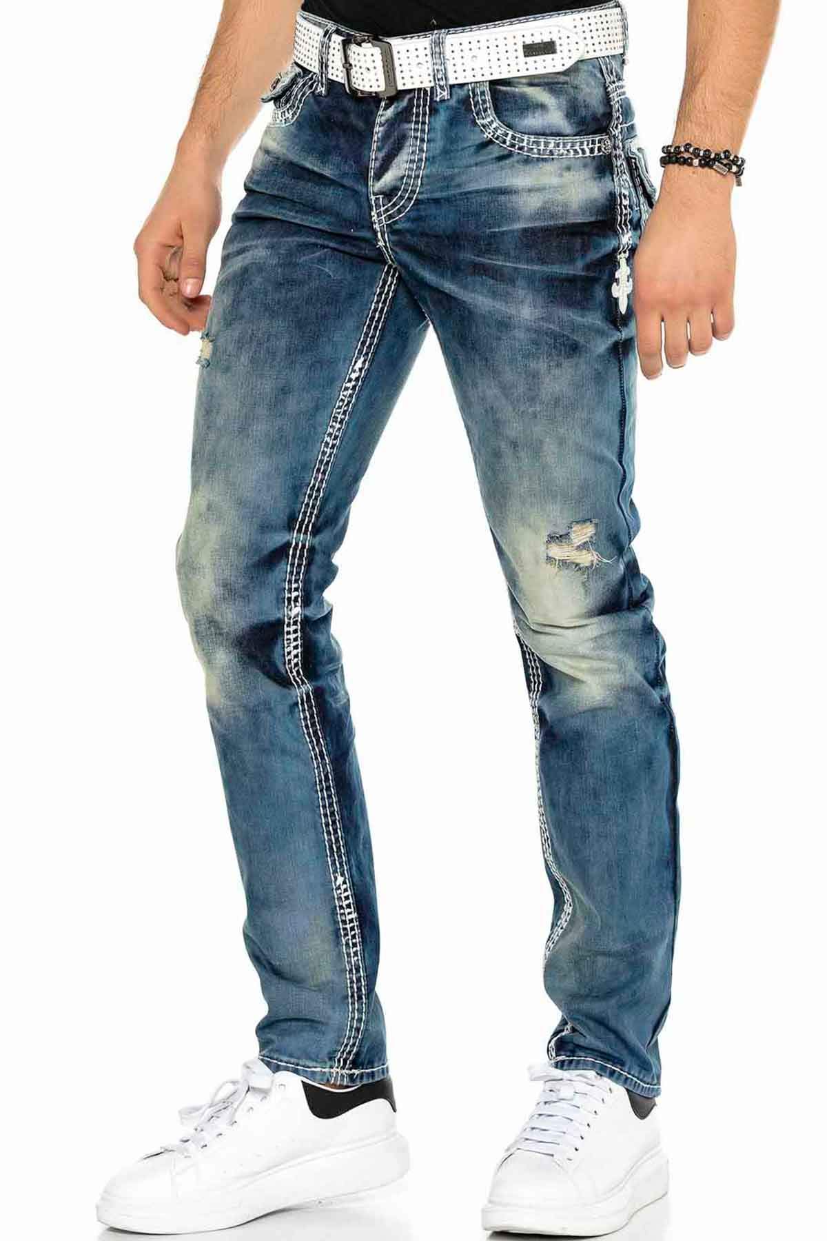 Cipo Baxx Herren Jeanshose Dicke Naht Straight Fit Denim Frayed Hose Stickerei CD149 W34 L32 Blau