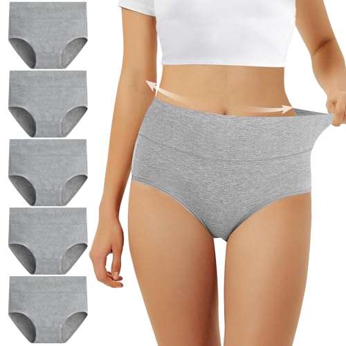 FALARY Unterhosen Damen Baumwolle Hohe Taille 5er Pack Stretch Atmungsaktiv Panties Weich Frauen Unterwäsche Sportunterhosen für Damen L Grau