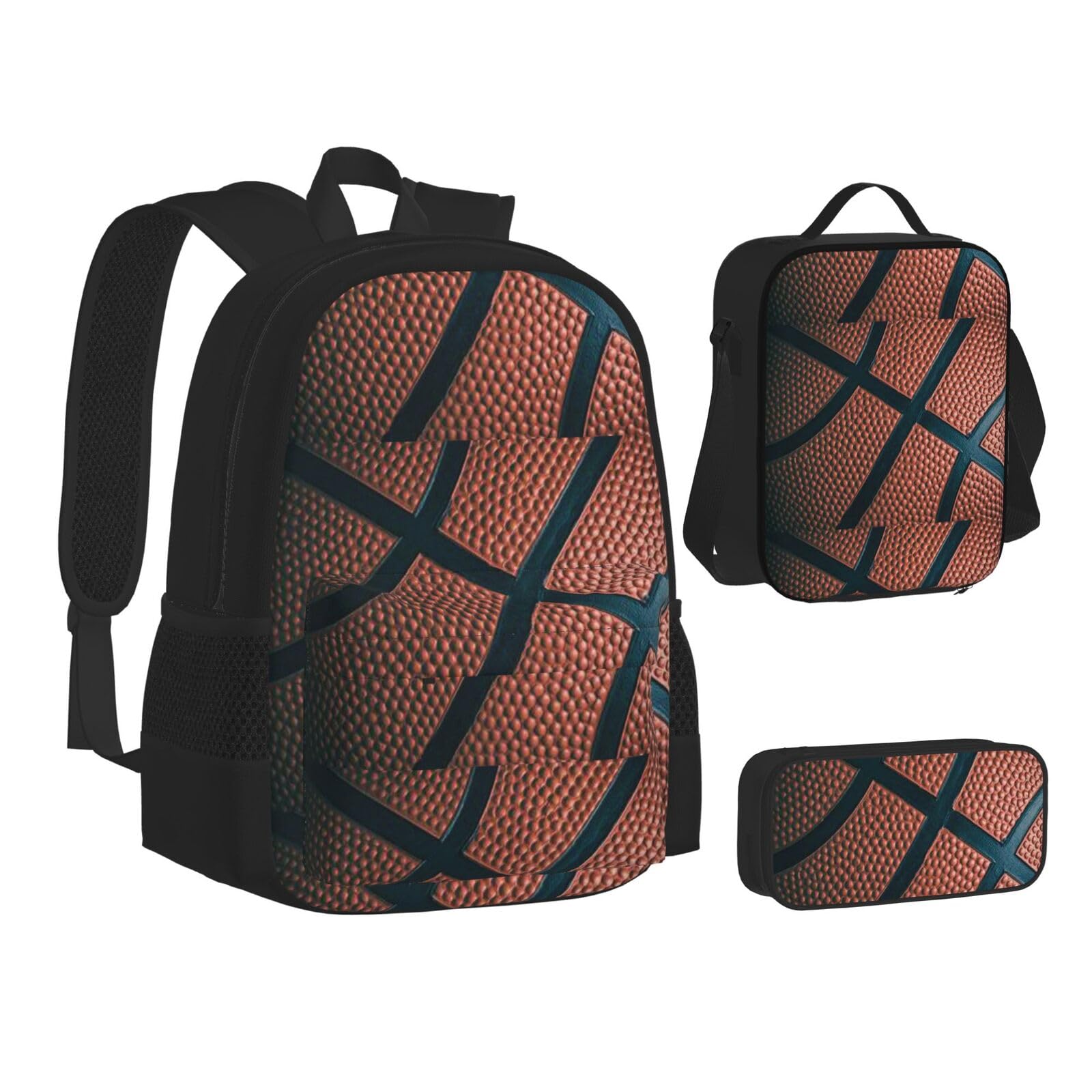 WURTON Basketball-Sport-Rucksack, Lunchbox-Set, 3-in-1-Rucksack und Federmäppchen, passende Kombination, Schwarz, Einheitsgröße