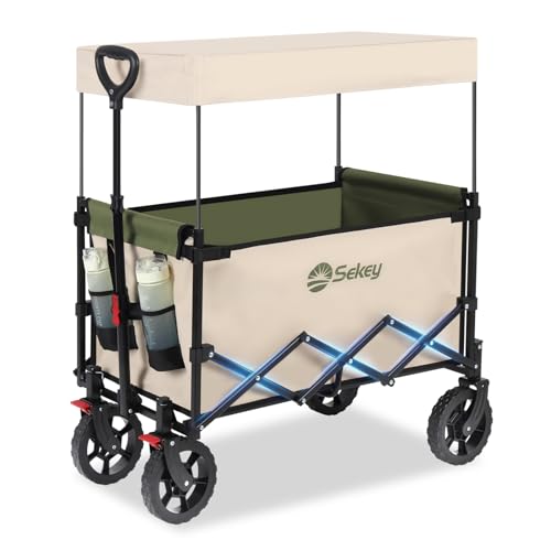 Sekey XXL Bollerwagen Faltbar Kinder 150L 150KG, Faltbarer Bollerwagen mit Dach Klappbarer Handwagen mit Sonnenschutz für Ausflug Strand Camping, Dach-S 4018, Eco-Grün