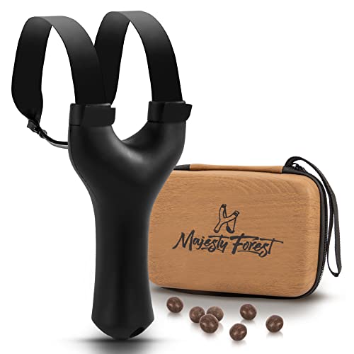 MAJESTY FOREST® Profi Steinschleuder Set - Schleuder Zwille für Sport und Outdoor - Slingshot Bundle mit Tasche, 150 Tonkugeln, Ersatzgummiband und E-Book