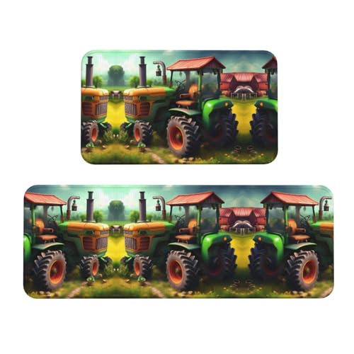 YQxwJL Fantasy Farm-Traktor-Druck, Küchenteppich, rutschfeste Küchenmatte, 2er-Set, bequeme Stehmatten für Küche, Büro