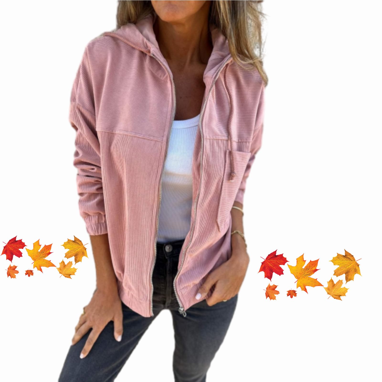 WINDEHAO Cordjacke mit Kordelzug und Tasche und Reißverschluss, für Herbst 2024, einfarbig, Freizeitjacke für Damen, Cord-Kapuzenjacke (Rosa, Größe 3XL)