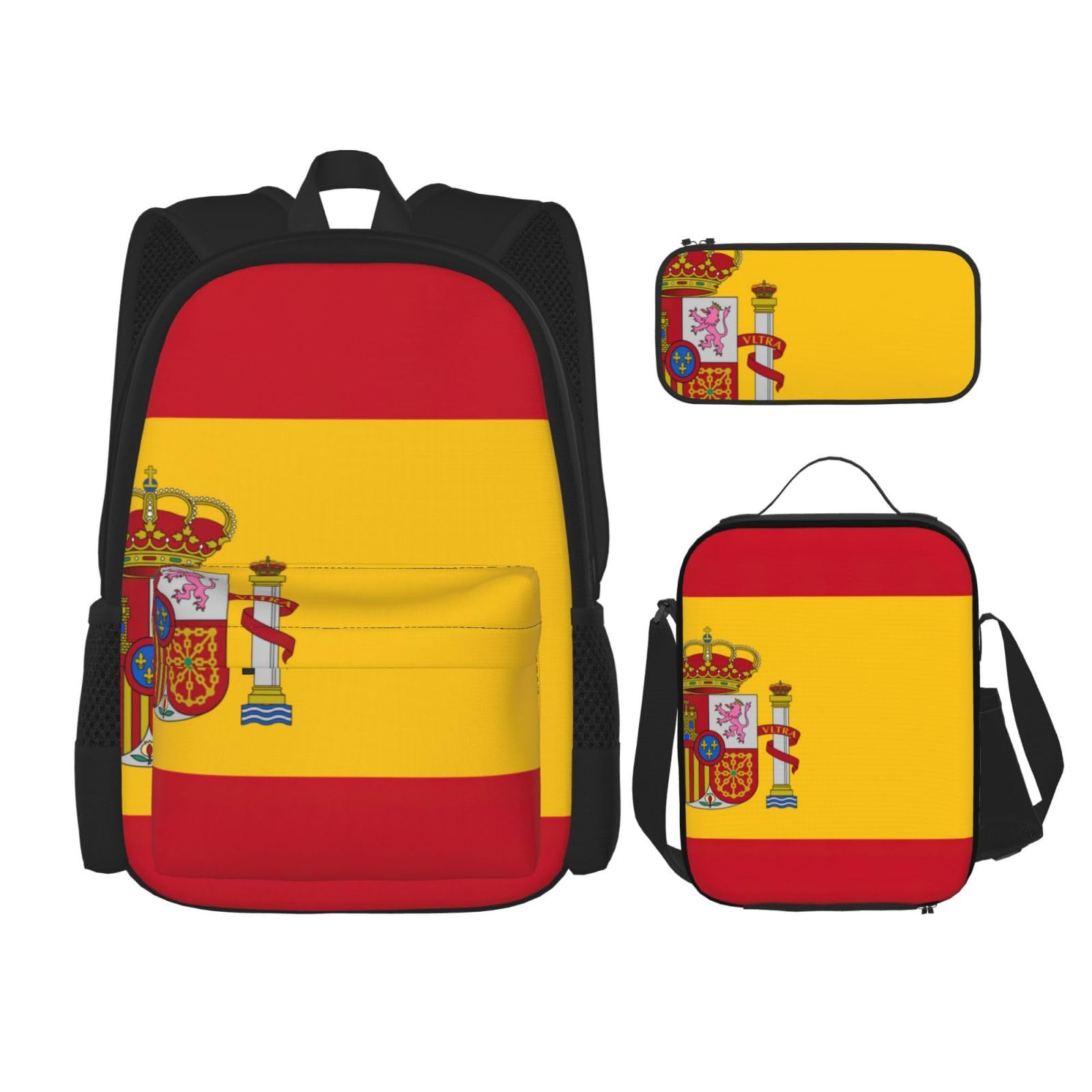 WURTON Reise-Lunchbox mit spanischer Flagge, Federmäppchen, Rucksack-Set, 3-teilig, verstellbare Riemen, leicht, schwarz, Einheitsgröße, Schwarz, One Size