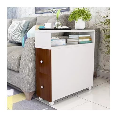 FUHAI-666 Schlichter, moderner Eck-Wohnzimmer-Seitenschrank mit 2 Schubladen, Sofa-Seitenschrank, beweglicher kleiner, schmaler Schranktisch mit 4 Rädern(Warm White+Teak,60x25x65cm)