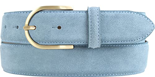 BELTINGER Damen-Gürtel aus Veloursleder 3,5 cm | Velour-Ledergürtel für Damen 35mm | Wildleder-Gürtel mit runder, goldener Gürtelschließe | Jeansblau 90cm