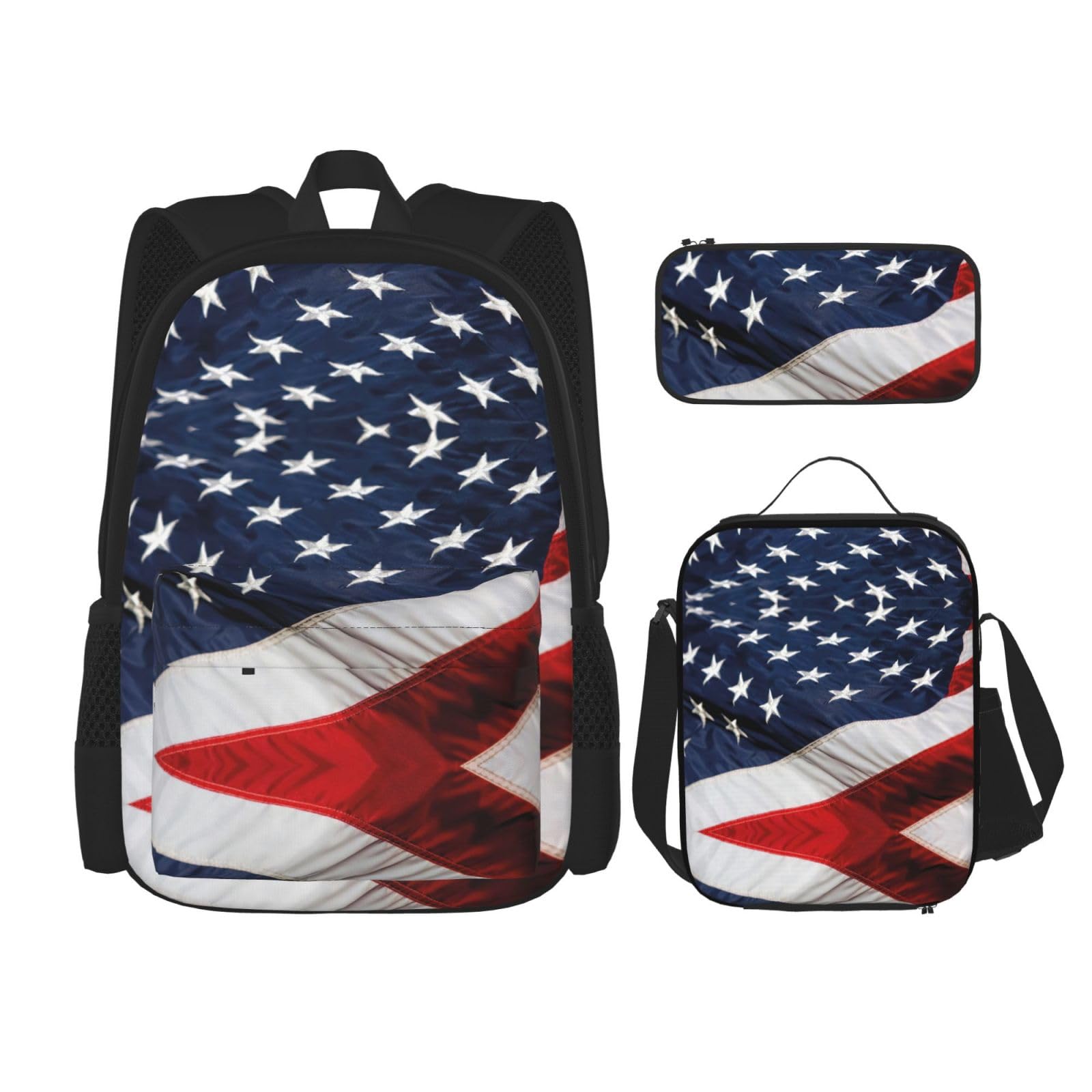 WURTON 3-in-1-Set mit amerikanischer Flagge, lässiger verstellbarer Schulter-Rucksack, Lunch-Tasche, Federmäppchen, Beutel, Schwarz, Einheitsgröße