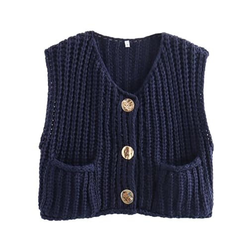 Sweater Vests Women 2024, Women's Button Front V Neck Sleeveless Crochet Solid Checkered Knit Sweater Vest with Pockets (Navy,X-Small)