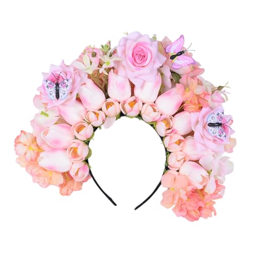 Modell-Show-Stirnband mit realistischem Blumen-Ethno-Stirnband für Braut, Frühlings-Stirnband für Hochzeit, Party, Blumenstirnbänder für Frauen, böhmische Blumen-Haarbänder für Frauen, böhmische