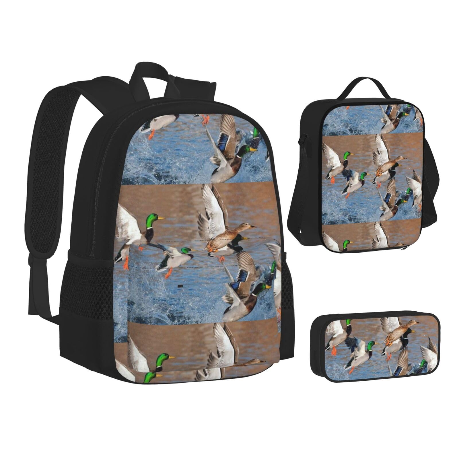 WURTON Mallard Duck Rucksack, Lunchbox-Set, 3-in-1 Büchertasche und Federmäppchen, passende Kombination, Schwarz, Einheitsgröße