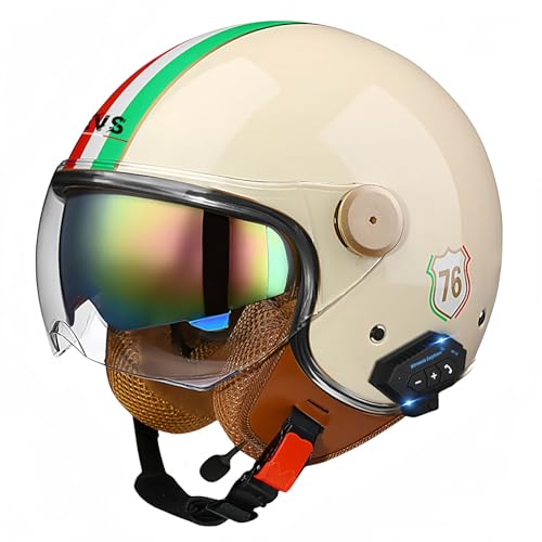 3/4-Bluetooth-Helm mit offenem Gesicht, Vintage-Motorrad-Halbhelm, ECE-zugelassenes Moped mit Doppelvisier, Motorradhelm für Männer, Erwachsene, Frauen E,M57-58CM