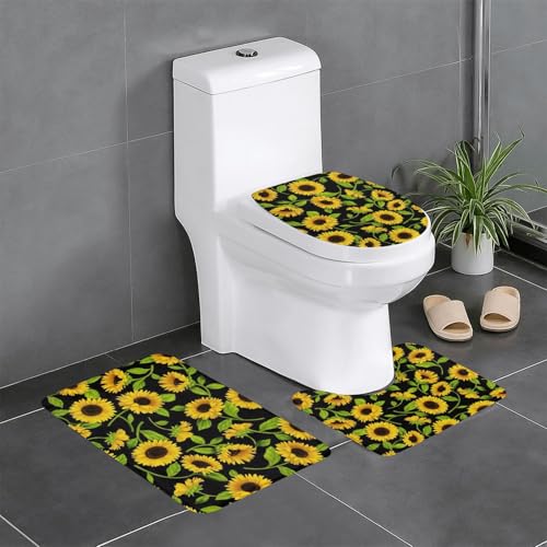 Wurton Badteppich-Set mit schönem Sonnenblumen-Druck, Polyester, stilvoll, funktional, 3 Stück