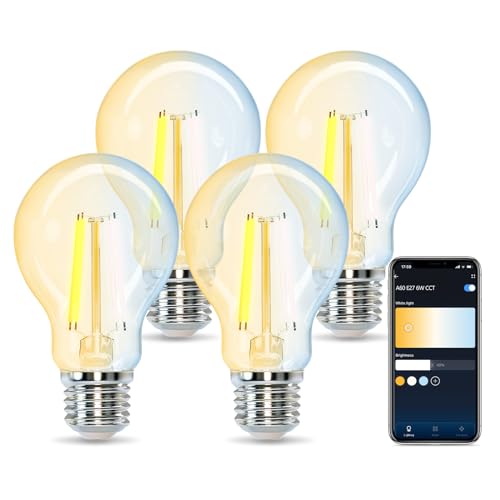 Aigostar Smarte Edison Glühbirne E27 Edison Vintage Glühbirne 6W Wlan Glühbirne LED Retro Glühbirne Dimmbar 2700K-6500K. App Steuern Kompatibel mit Alexa und Google Assistant. Transparent 4 Stücke.