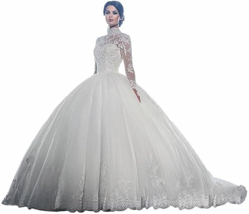 Langärmliges, hochgeschlossenes Brautkleid aus Gaze-Netz, schmales Brautkleid mit Fischschwanz-Schleppspitze, Weiß, US: 8