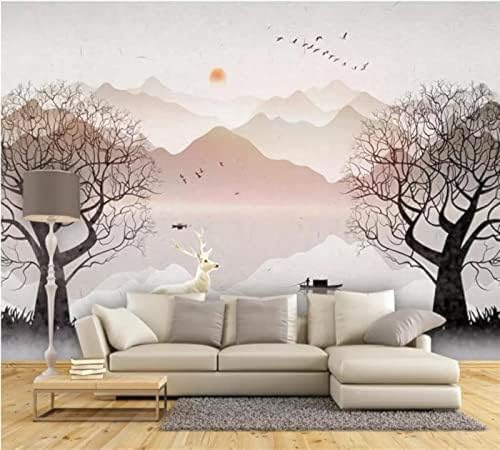 XLMING Wald Abstrakte Kunst Tinte Landschaft Weißer Hirsch 3D Tapete Wohnzimmer Sofa Schlafzimmer Esszimmer Home Dekoration Wand-400cm×280cm