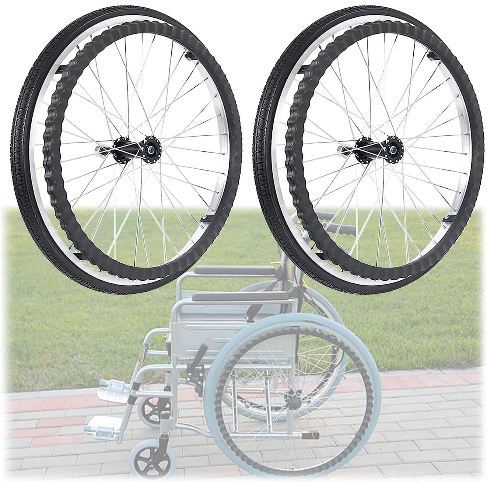 Set mit 2 Hinterrädern für Rollstuhlfahrer, Nabe aus Aluminiumlegierung Ersatzräder für Rollstühle, Rollstuhl-Ersatzrad, Rutschfest und pannensicher Pu-Vollreifen,Schwarz,60cm(24inch)