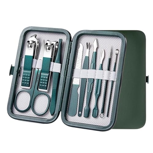 Nagelknipser-Set, professionelles Maniküre-Set mit Ledertasche, Nagelwerkzeuge aus Edelstahl for Männer und Frauen, 7–18-teilig(Green 10 pcs set)