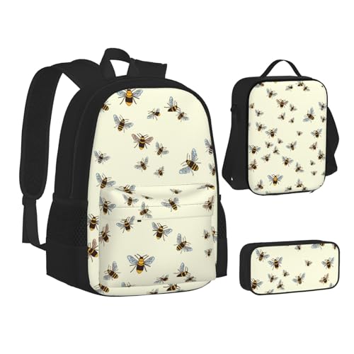 WURTON Büchertasche mit Honigbienen-Druck, Lunch-Tasche, Federmäppchen, 3-in-1, Schulrucksack-Set, Kinderrucksack