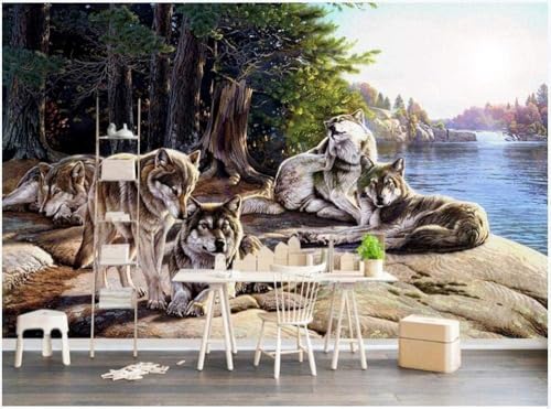 Lake Forest Wolf Party 3D Tapete Poster Restaurant Schlafzimmer Wohnzimmer Sofa TV Dekorative Wand-250cm×170cm