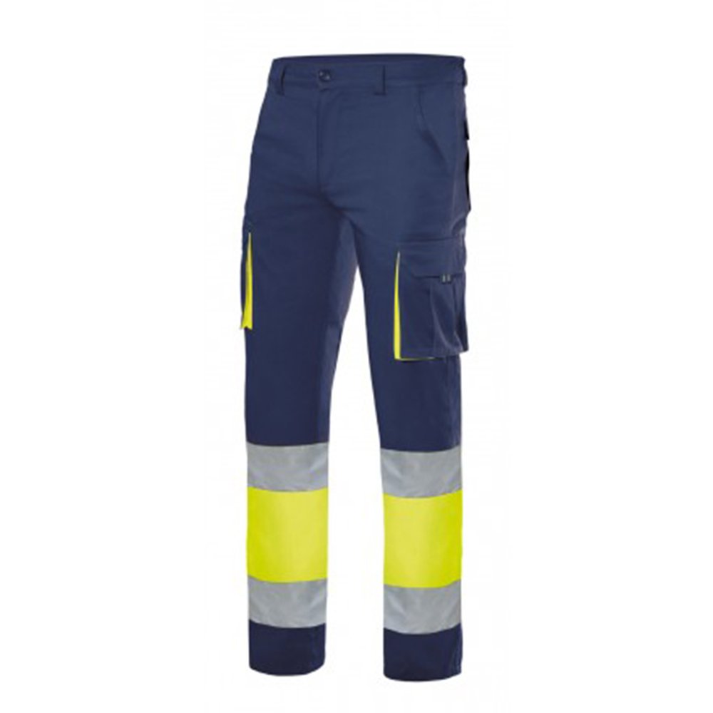 VELILLA 303002S, Stretchhose, zweifarbig, mit mehreren Taschen, Marineblau und Neongelb, Größe L