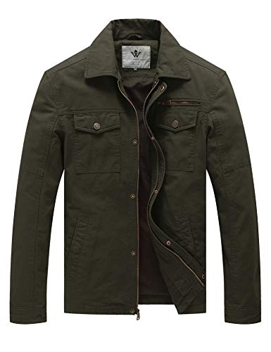 WenVen Herren Militär Übergangsjacke Klassisch Fracht Jacke Reverskragen Reißverschluss Windbreaker Mantel Cargo Stiel Oberbekleidung Grün M