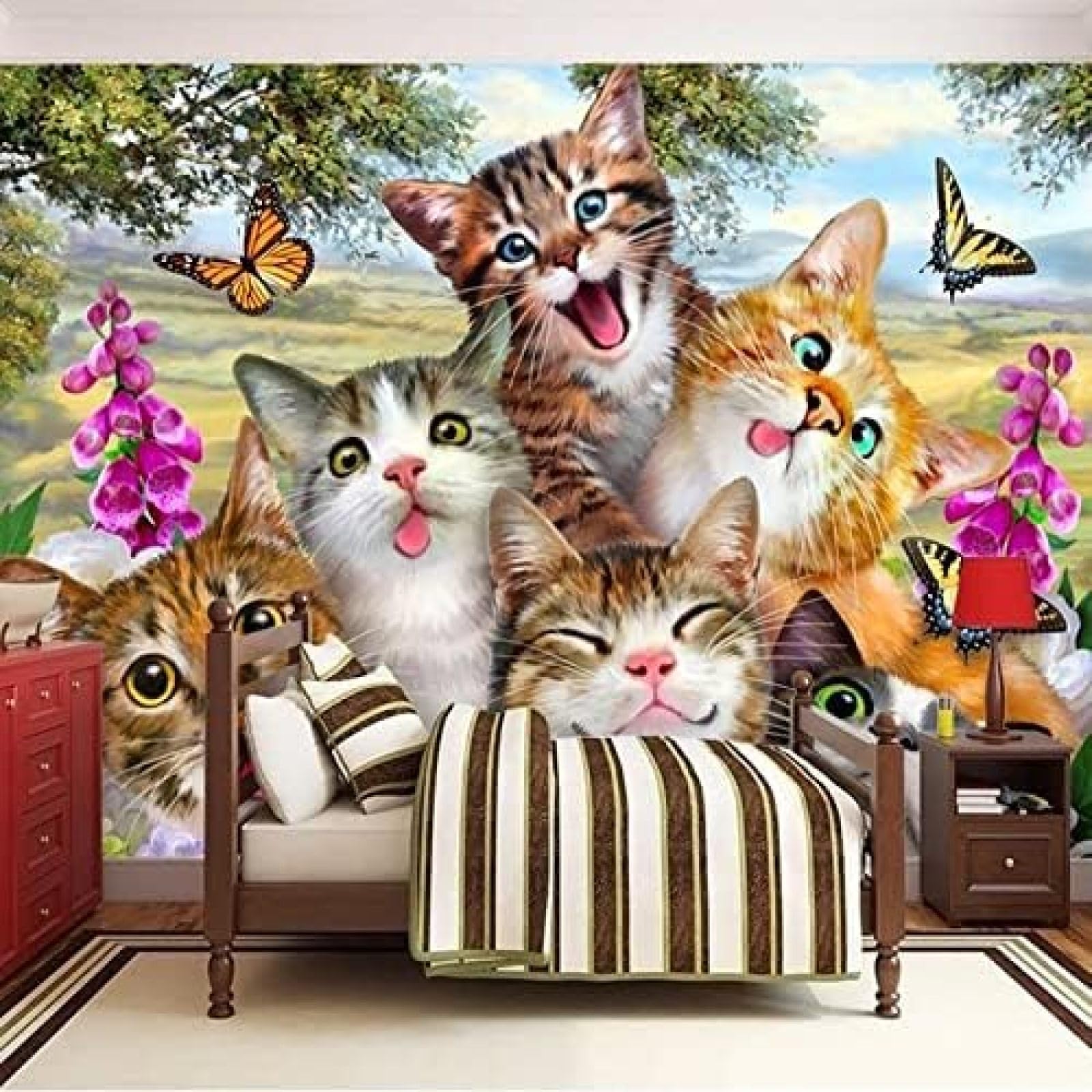 XLMING Niedliche Cartoon-Katze Kinderzimmer 3D Tapete Wohnzimmer Sofa Schlafzimmer Esszimmer Home Dekoration Wand-250cm×170cm