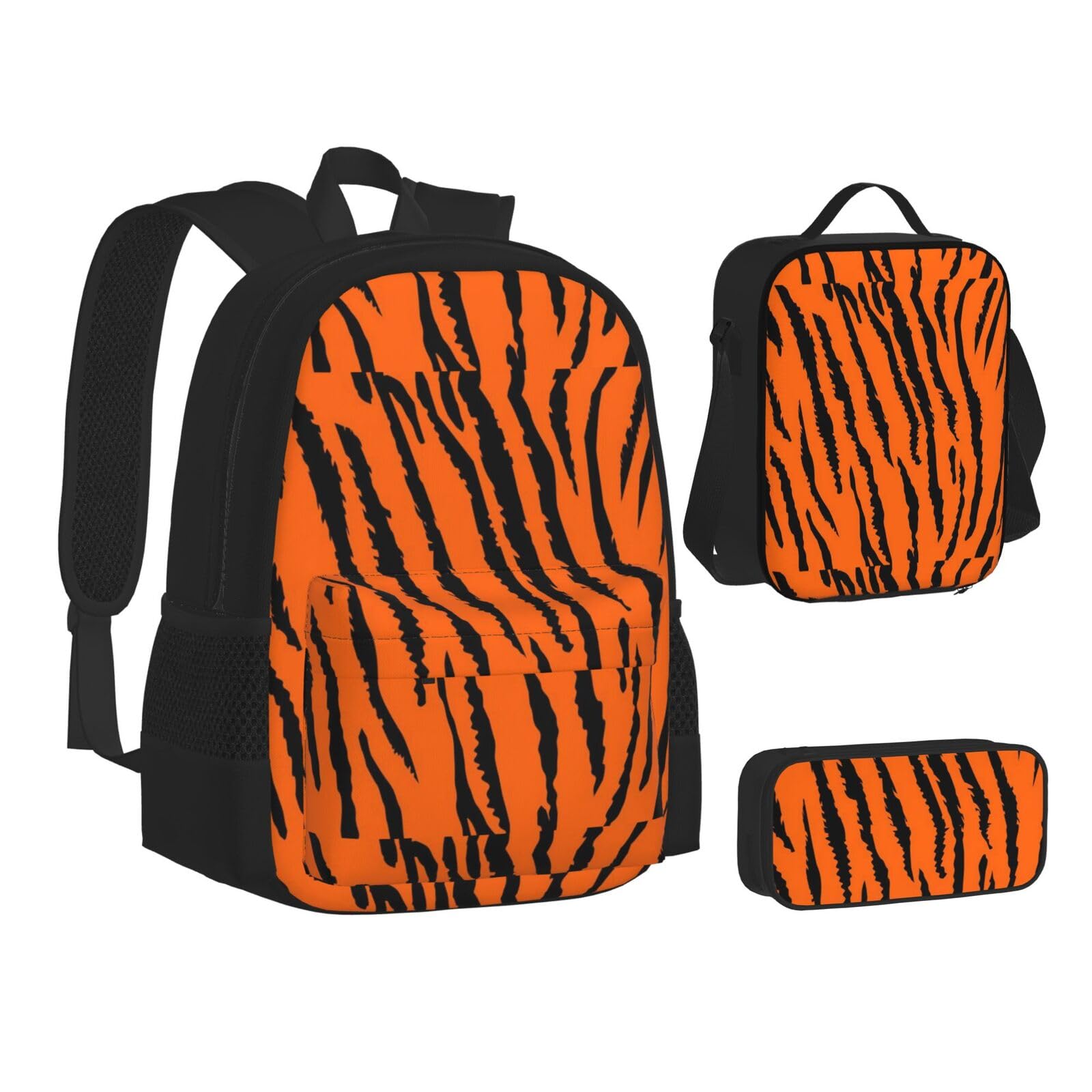 WURTON Büchertasche für Teenager, 3-in-1, Schulrucksack-Set, Kinderrucksack, orangefarbener Tiger, Leopardenmuster