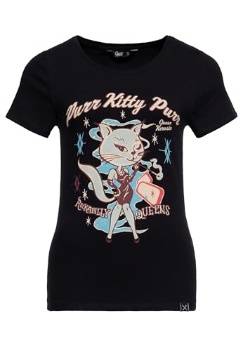 Queen Kerosin Damen T-Shirt | Rockabilly | Kitty | 50S | Slim Fit | Front-Print | Retro | Vintage| Rock'n'roll | Cat| Comic Art Purr Kitty Purr