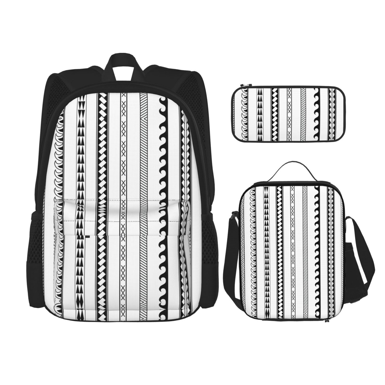 WURTON Triangle Stripes Bohemian Pattern Print Lunch Box Pencil Case Backpack Set 3 Pieces Adjustable Straps Durable Lightweight, Schwarz, One Size