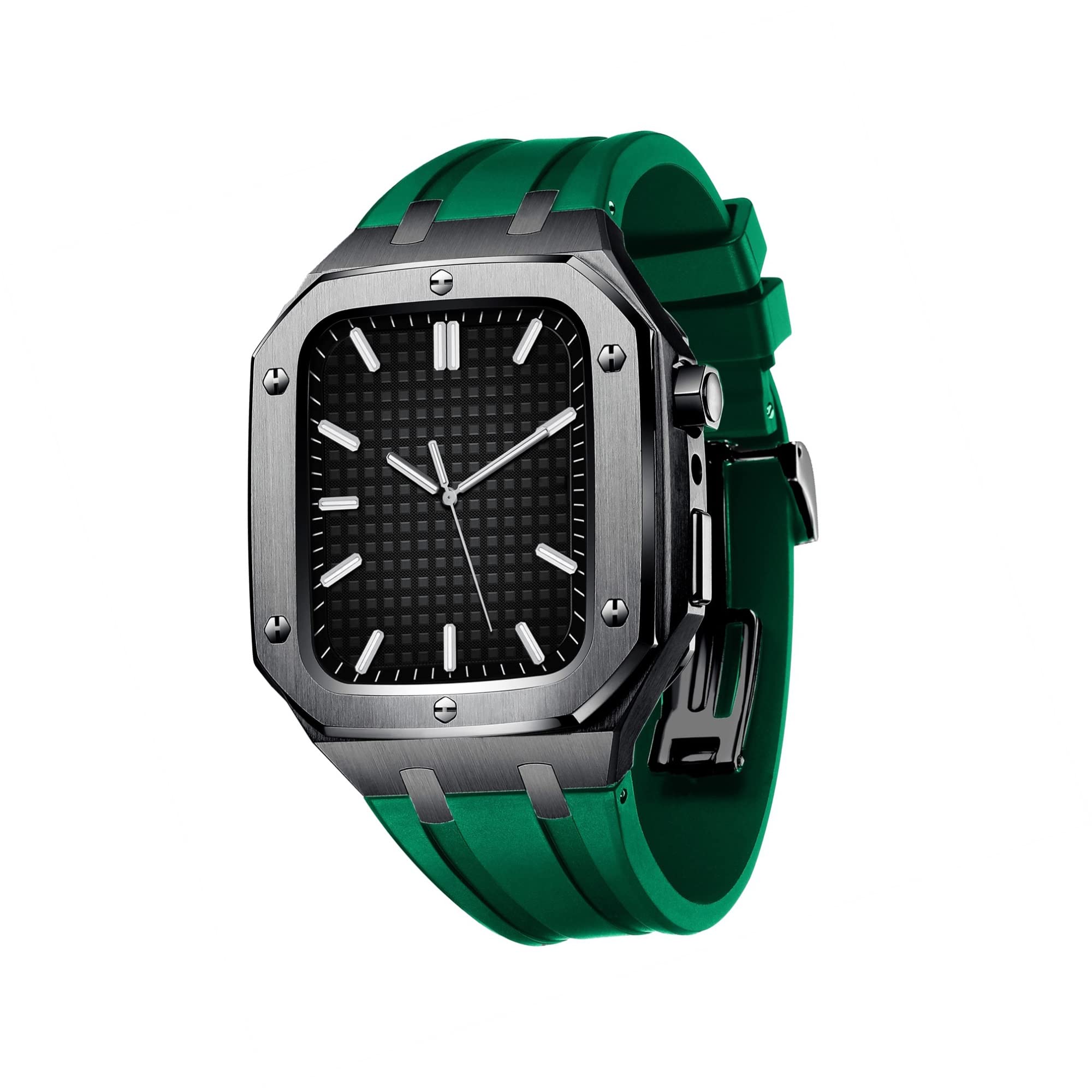 TONECY Herren und Damen, Militär-Metallgehäuse für iWatch Serie 7/SE/6/5/4, Business-Casual-Stil, Uhrenarmband, Silikonband, stoßfester Stoßfänger für Apple Watch, 45 mm, 44 mm (Farbe: Schwarzgrün,