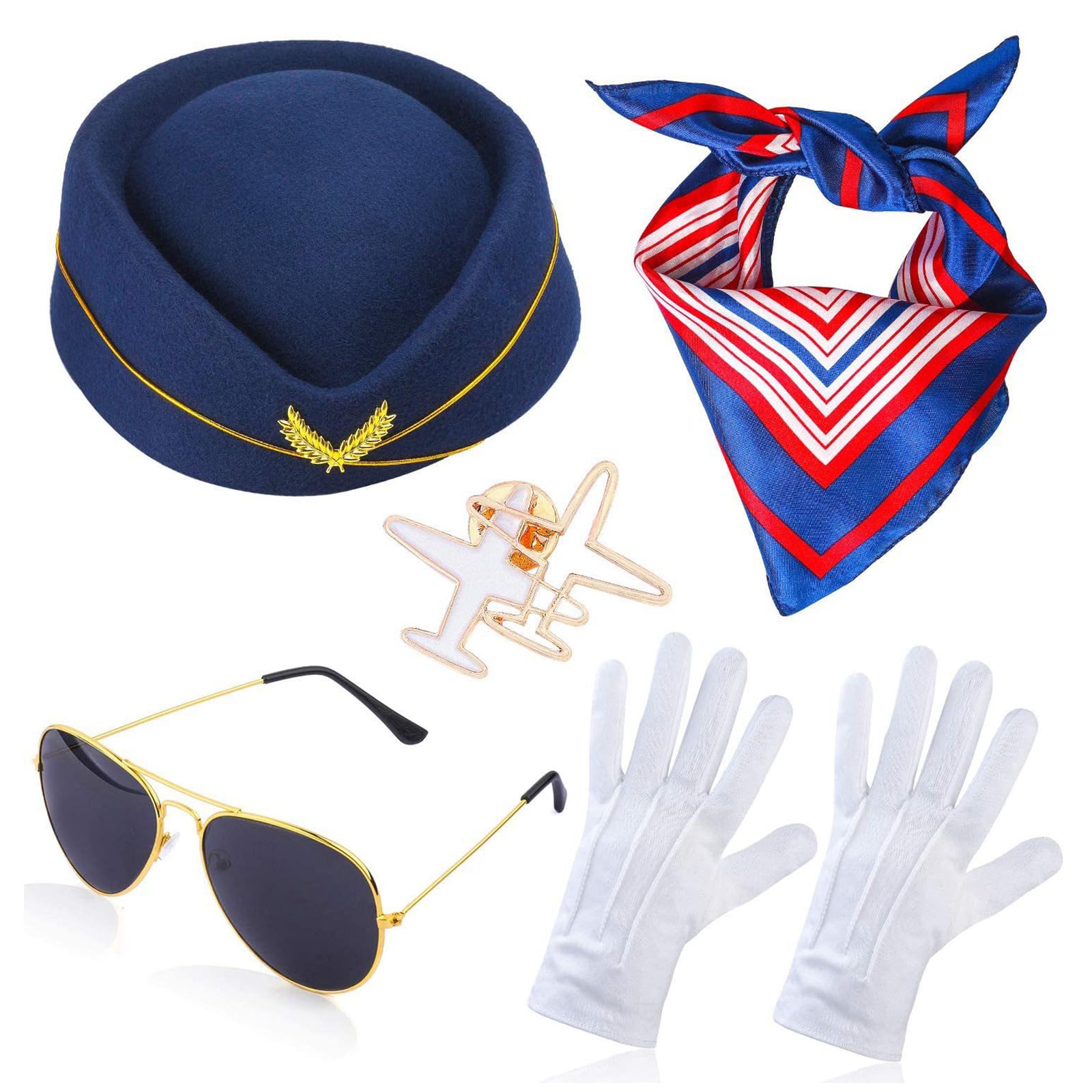 Mehrfarbige Stewardess-Hut + Sonnenbrille + Taschentücher/Handschuhe/Brosche für Erwachsene, Damen, Halloween, Karneval, Rollenspiel, Kostüm, Flugbegleiter, Hut und Schal, Flugbegleiter-Outfit,