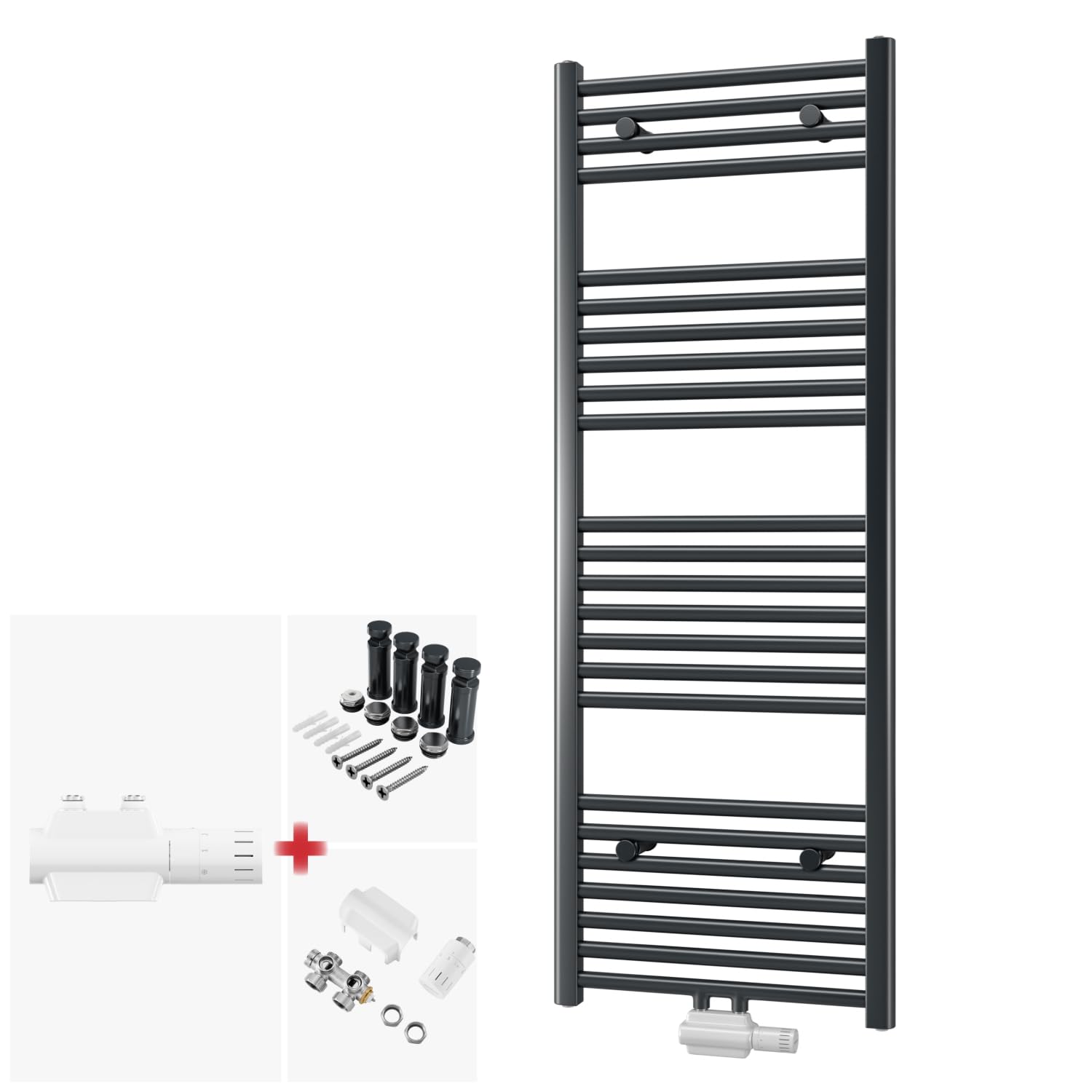 DESIGNO Badheizkörper Logatherm 1600x600 | inkl. Buderus Logafix Universalarmatur Set - Montagezubehör | Wärmeleistung 818 Watt | Mittel- Seitenanschluss | schwarzmatt | Handtuchhalter