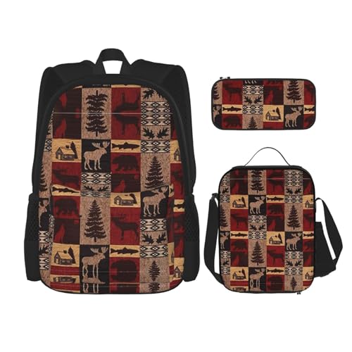 WURTON Lodge Bear Hirsch Fisch Druck 3 in 1 Sets Casual Verstellbarer Schulterrucksack Mittagessen Tasche Federmäppchen Tasche Box, Schwarz, Einheitsgröße