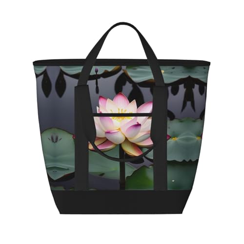 YQxwJL Isolierte Kühltasche mit Lotusblumen-Motiv, großes Fassungsvermögen, Einkaufstasche, Reisetasche, Strand, wiederverwendbar, Lebensmitteltasche für Erwachsene, Schwarz, Einheitsgröße