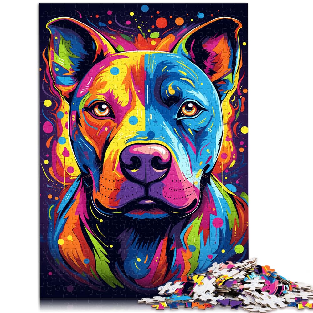 Puzzle-Geschenk, farbenfrohes psychedelisches Bild eines schönen Pitbull-Hundes, 1000 Teile, Holzpuzzle zum Stressabbau, schwierige Herausforderung, 1000 Teile (50 x 75 cm)