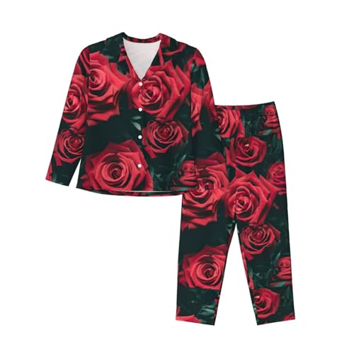 WURTON Rote Rose Print Damen Klassisch Geeignet für Winter Frauen Langarm Pyjama Set Chic Nachtwäsche, Schwarz, S