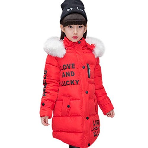 AKAUFENG Mantel Mädchen mit Fellkapuze Lang, Winterjacke Girl mit Pelzmütze Oberbekleidung Kinderjacke (Rot, 110)