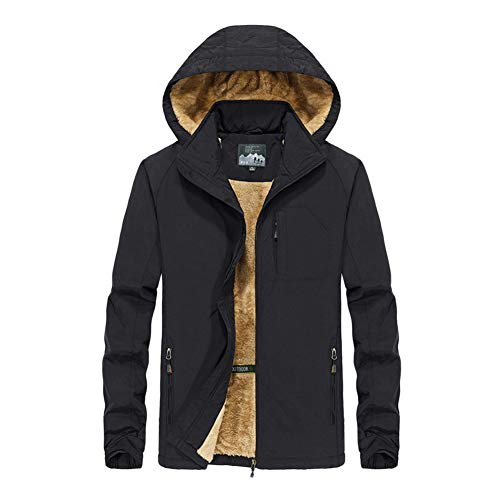 YOUCAI Herren Softshelljacke Outdoorjacke mit Kapuze Windjacke Funktionsjacke für Wandern Camping Fleece Gefüttert Jacke Übergangsjacke Gefüttert Windbreaker,Schwarz,XL