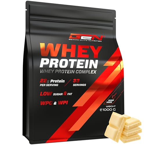 Whey Protein Pulver - 1000 g (Weisse Schokolade) - Mit Isolate Anteil - Instant lösliches Eiweiss Protein Pulver mit BCAA & EAA - German Elite Nutrition