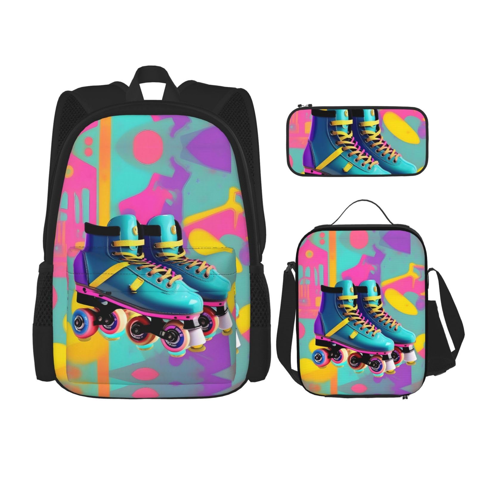 WURTON Retro bunte Rollschuh-Druck, Reise-Lunchbox, Federmäppchen, Rucksack-Set, 3-teilig, verstellbare Riemen, leicht, Schwarz, Einheitsgröße