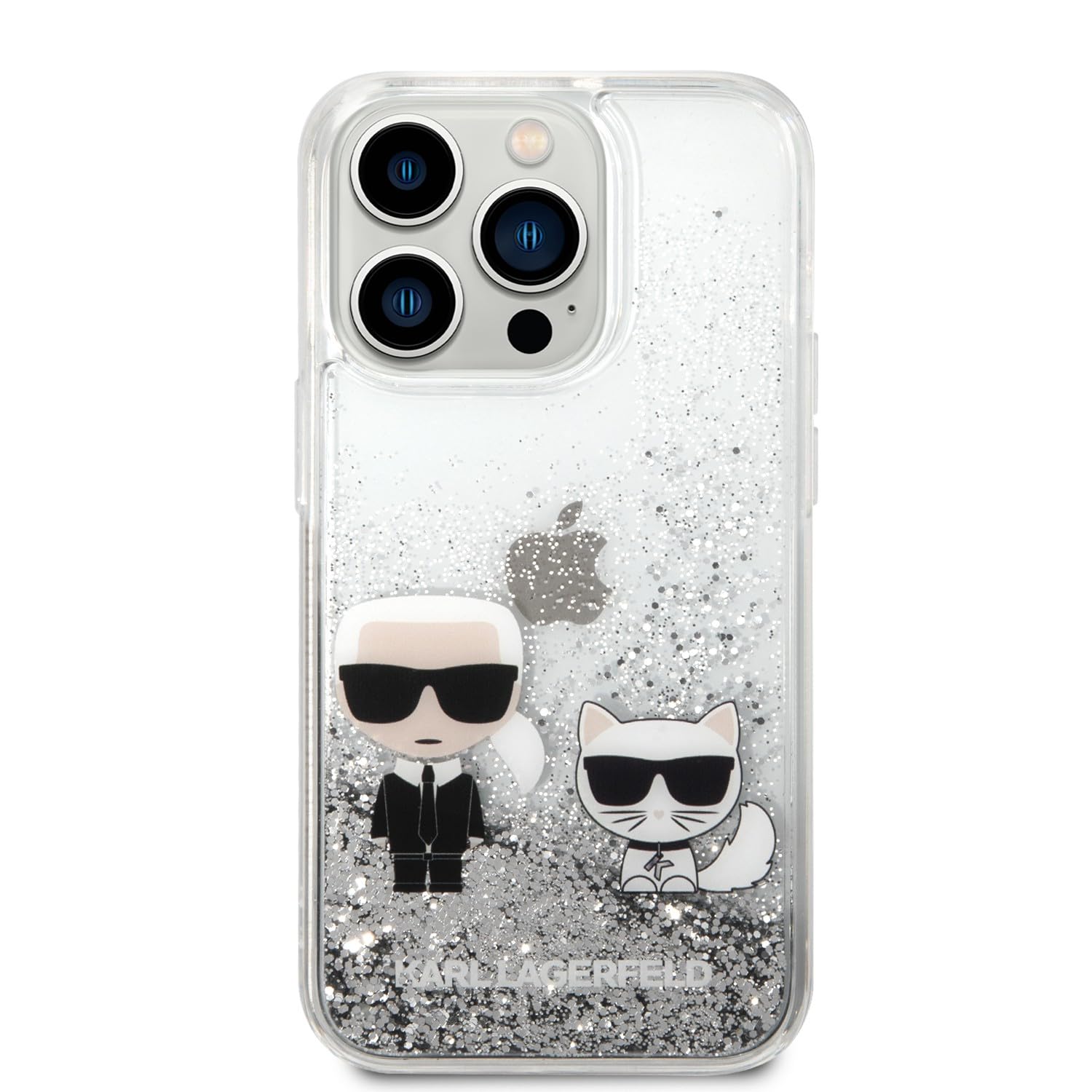 CG MOBILE Karl Lagerfeld Liquid Glitter Silikon Hülle Karl und Choupette Protector/Ultradünn/rutschfest/Stoßdämpfung/Anti-Kratzer Kompatibel mit iPhone 14 Pro 6,1 Zoll (Silber)