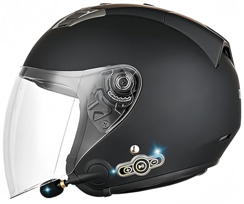 Offenes Gesicht mit Bluetooth-Leder mit individueller Schutzbrille, Motorradhelm, halbe Abdeckung, 3/4-Schutzhelm, ECE-geprüft, für Männer und Frauen, integriertes Mikrofon B,L59-60CM