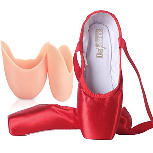 ZESLIV Ballettschuhe mit Silikon Zehenpads für Mädchen Kinder Damen Rot Satin Spitzenschuhe Tanzschuhe Ballettschläppchen Gr.31-43