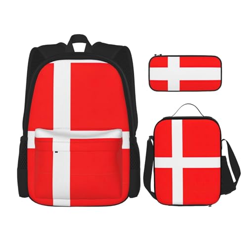 WURTON 3-in-1 Büchertaschen-Set, verstellbarer Schulter-Rucksack, Lunch-Tasche, Federmäppchen, Tasche mit dänischer Flagge, Schwarz, Einheitsgröße