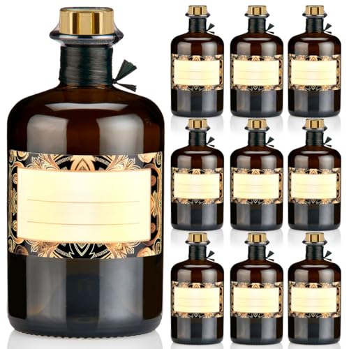 9x Apothekerflaschen braun 500ml Geschenkset mit Korken gold, Band, Kapseln & Etiketten Motiv Paris, 0,5L Glasflaschen schwarz antik leer, Braunglas Flaschen für Öl, Gin uvm.