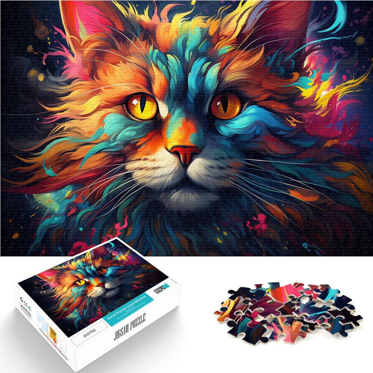 Puzzles für Fantasie, Bunte Katzenkunst, 1000 Puzzleteile für Erwachsene, Holzpuzzle, Wanddekoration, einzigartige Geburtstags, 1000 Stück (50 x 75 cm)