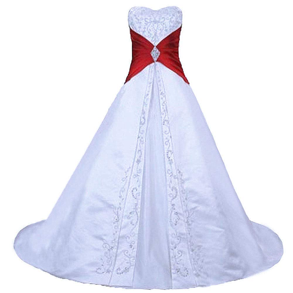 Zorayi Damen Elegante A-Linie Schnürung Stickerei Satin Brautkleid Hochzeitskleider Weiß & Rot Größe 38