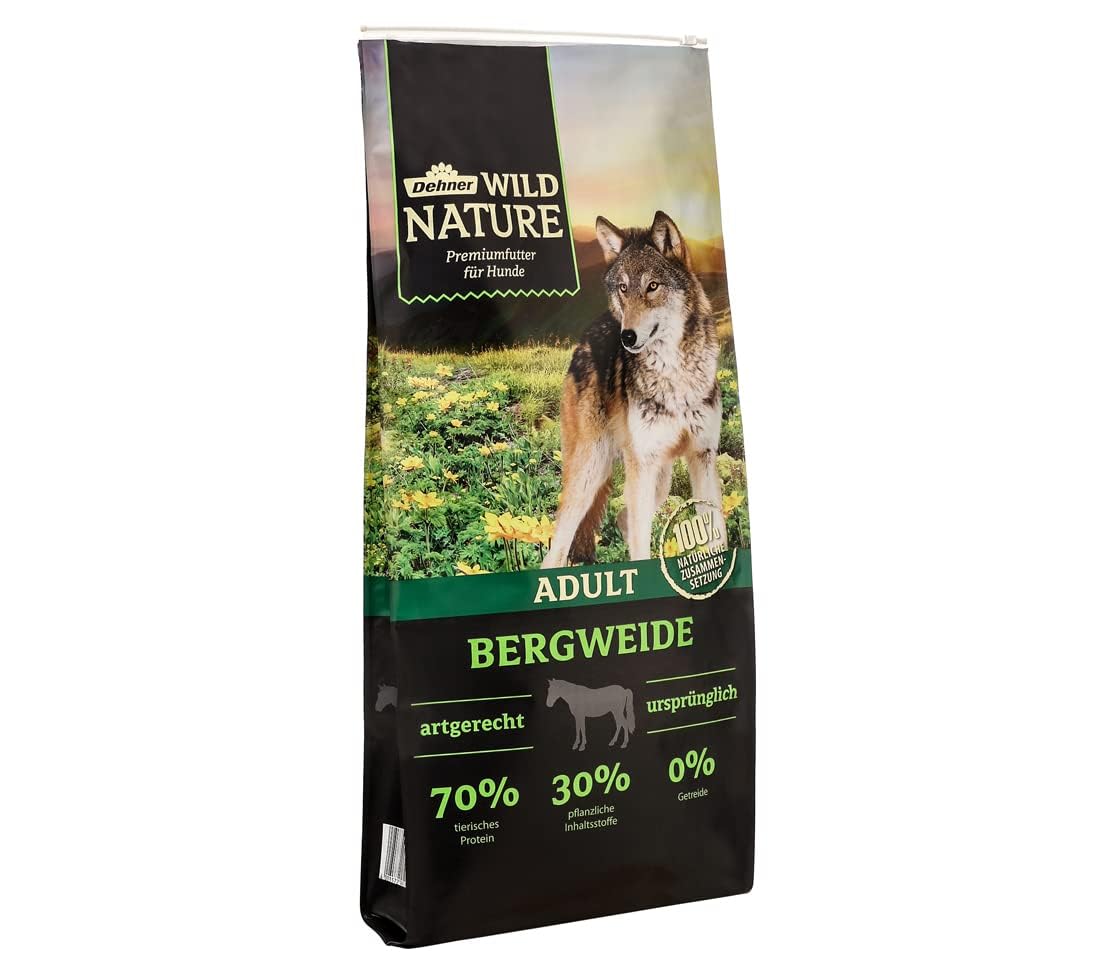 Dehner Wild Nature Hundetrockenfutter Bergweide | Premium Trockenfutter | getreidefreies Hundefutter mit Pferd | für ausgewachsene Hunde | hoher Fleischgehalt | für sensible Hunde | Adult | 12 kg