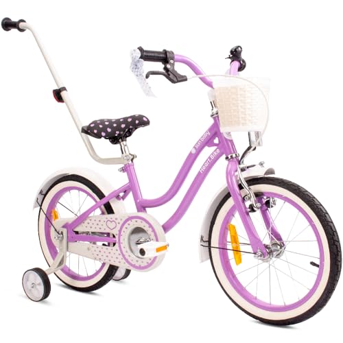 Heart Bike Mädchenfahrrad, 12/14/16 Zoll Radgröße zur Auswahl, mit Abnehmbarer Schubstange, Kinderfahrrad für Mädchen von 2 bis 6 Jahre (Violett, 16 Zoll)